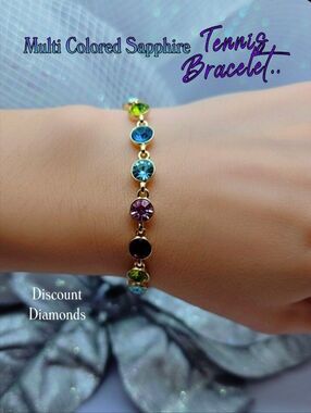 Multi Colored Sapphire Tennis Bracelet 18K Gold Plating 925